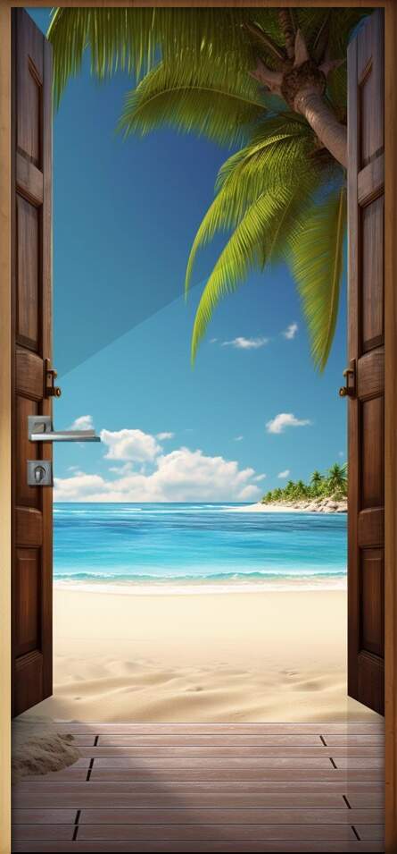 Adesivo de Porta Portal Se Abrindo Para uma Bela Praia com Cu Azul