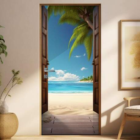 Adesivo de Porta Portal Se Abrindo Para uma Bela Praia com Cu Azul