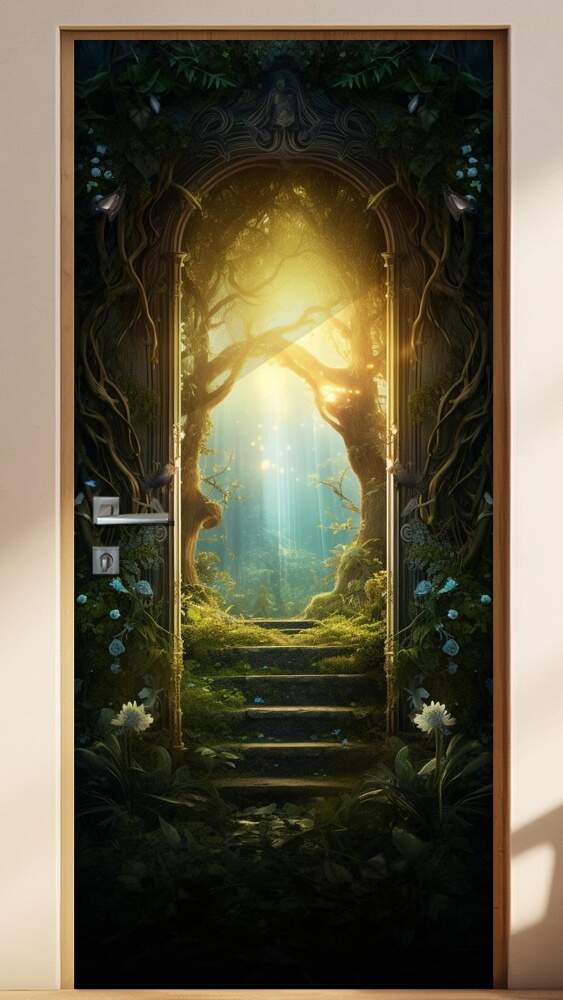 Adesivo de Porta Portal Se Abrindo Para Passagem Secreta para Lindo Jardim Iluminado