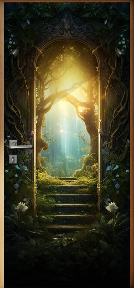 Adesivo de Porta Portal Se Abrindo Para Passagem Secreta para Lindo Jardim Iluminado