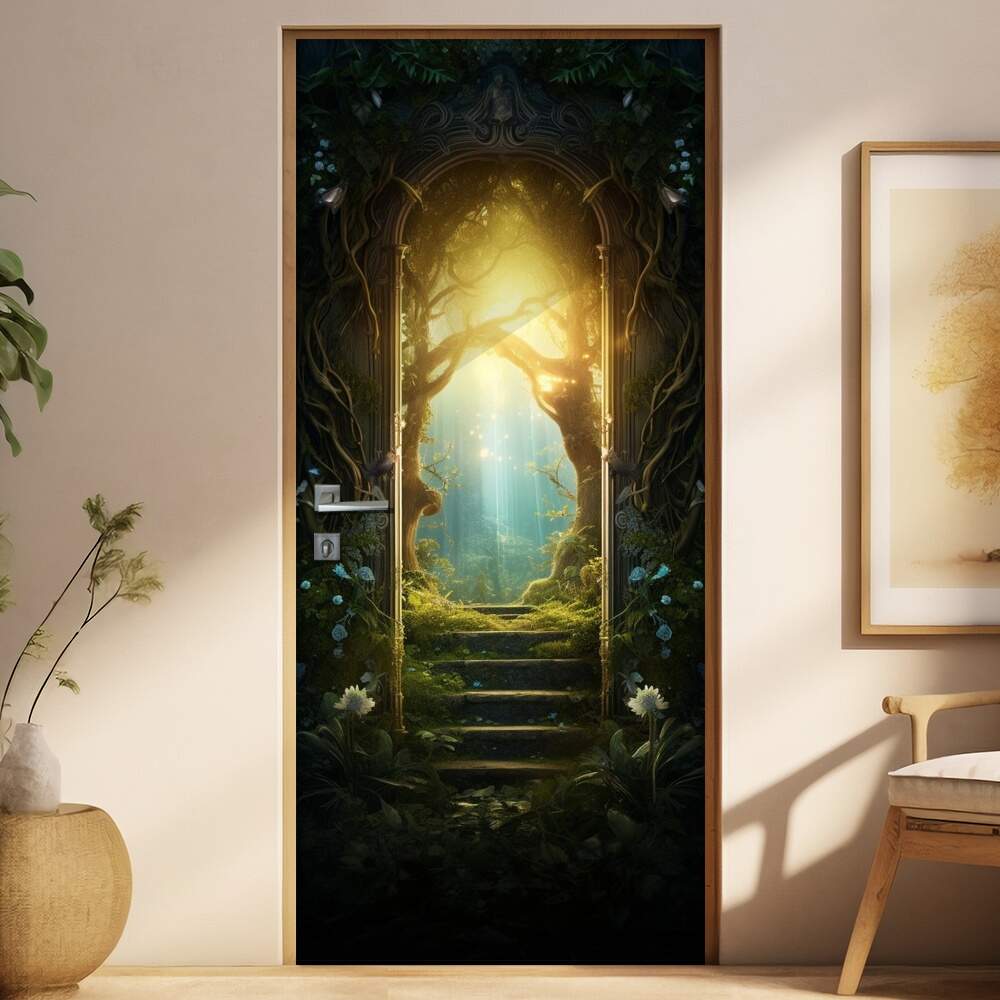 Adesivo de Porta Portal Se Abrindo Para Passagem Secreta para Lindo Jardim Iluminado