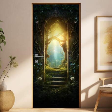 Adesivo de Porta Portal Se Abrindo Para Passagem Secreta para Lindo Jardim Iluminado