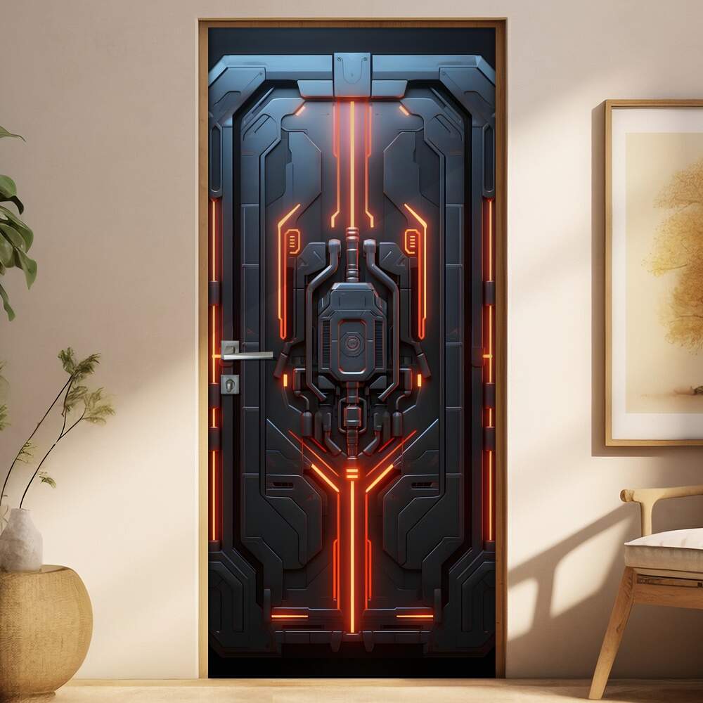 Adesivo de Porta Portal Futurista Aero-Nave com Painel Brilhante Vermelho