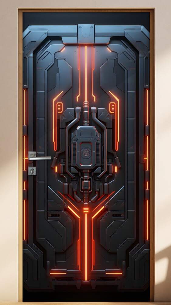 Adesivo de Porta Portal Futurista Aero-Nave com Painel Brilhante Vermelho