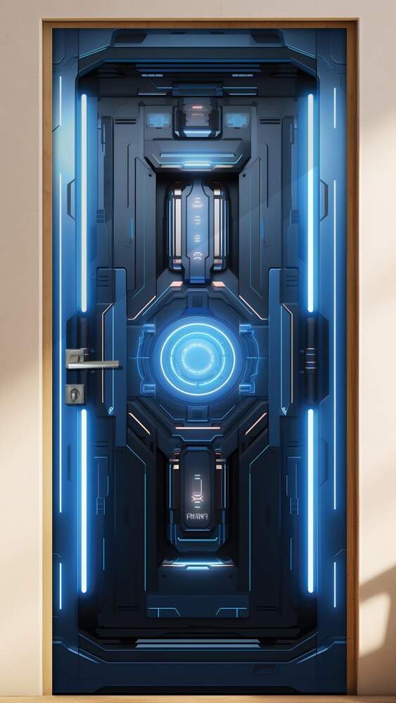 Adesivo de Porta Portal Futurista Aero-Nave com Painel Brilhante Azul