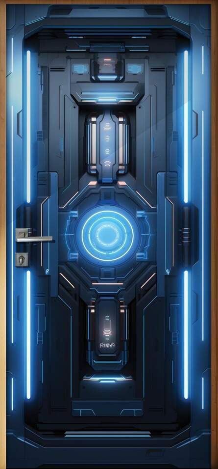 Adesivo de Porta Portal Futurista Aero-Nave com Painel Brilhante Azul