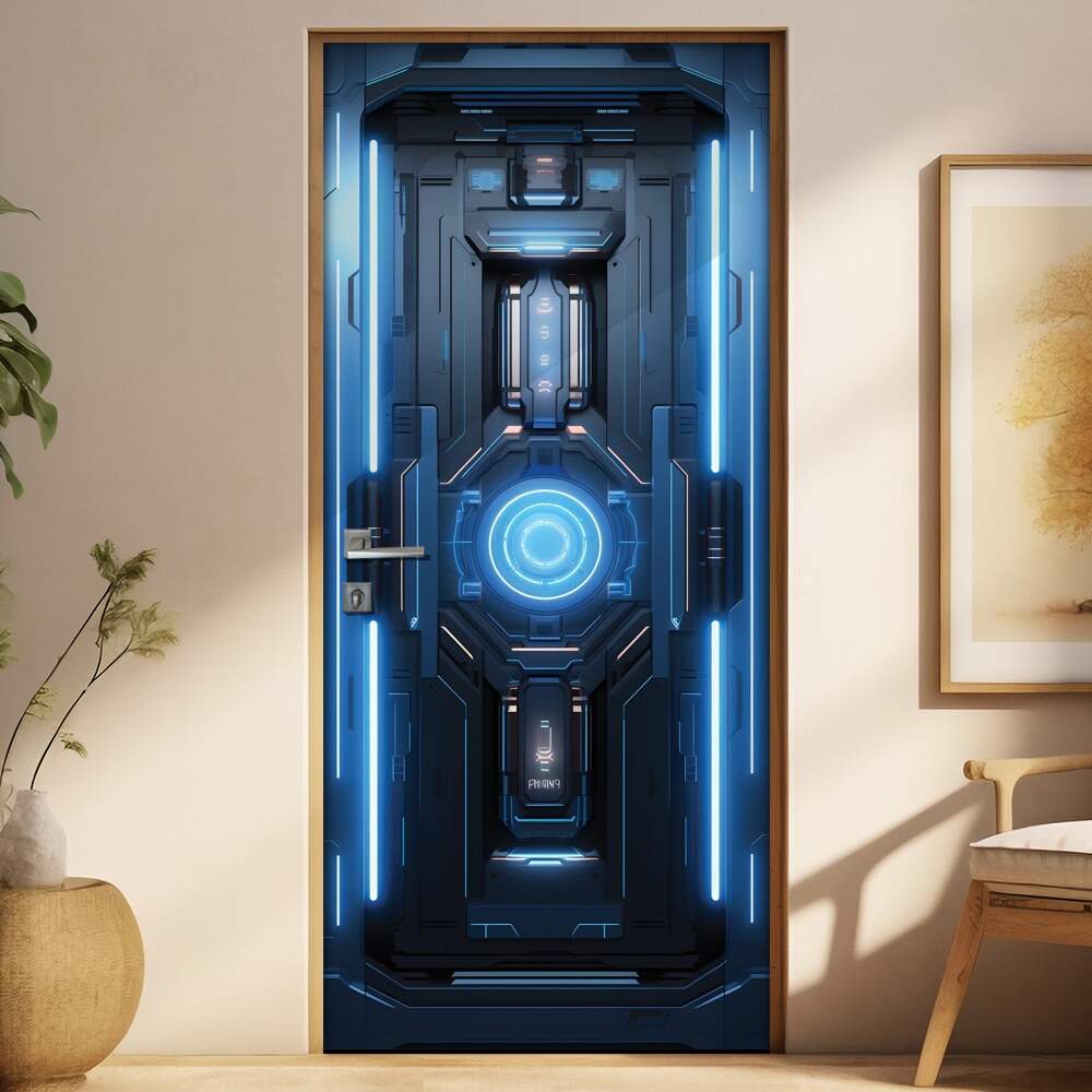 Adesivo de Porta Portal Futurista Aero-Nave com Painel Brilhante Azul