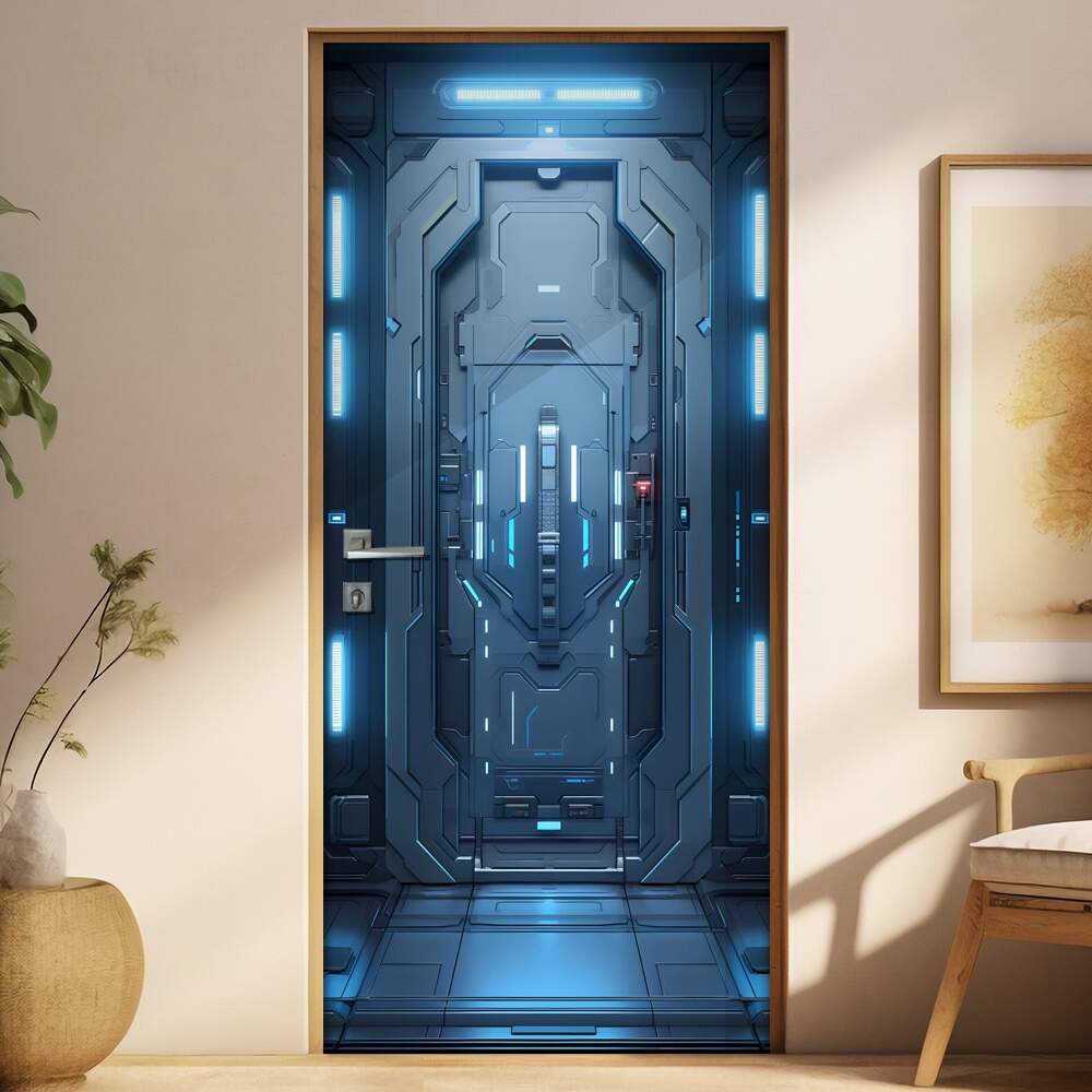 Adesivo de Porta Portal Futurista Aero-Nave com Painel Brilhante