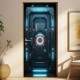 Adesivo de Porta Portal Futurista Aero-Nave com Painel Neon