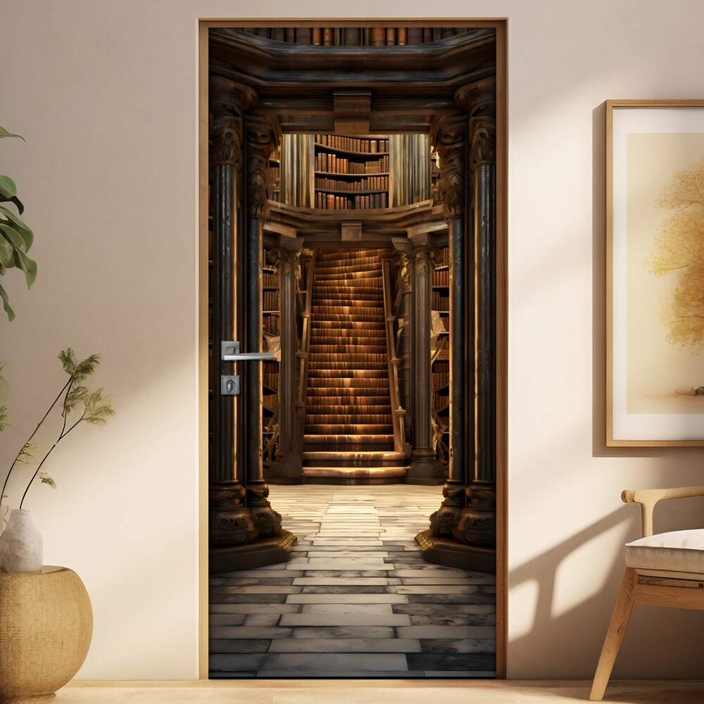 Adesivo de Porta Ilusionismo de uma Porta se Abrindo Para Uma Biblioteca com Escadas