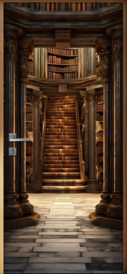 Adesivo de Porta Ilusionismo de uma Porta se Abrindo Para Uma Biblioteca com Escadas