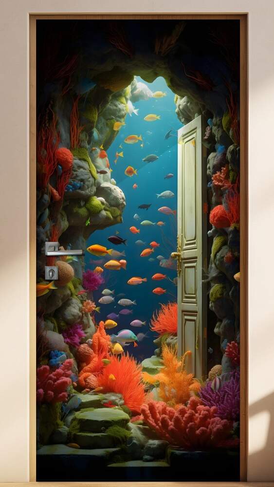 Adesivo de Porta Ilusionismo de uma Porta Secreta se Abrindo Para Mar Repleto de Peixes