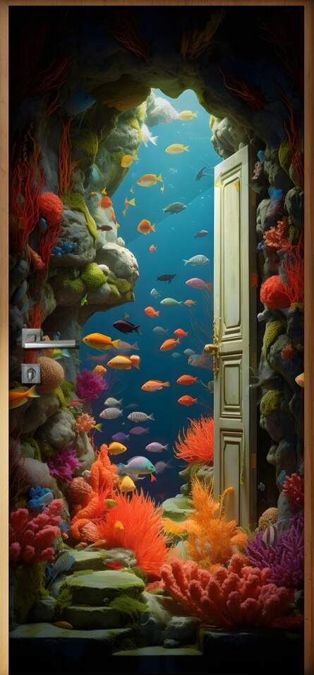 Adesivo de Porta Ilusionismo de uma Porta Secreta se Abrindo Para Mar Repleto de Peixes