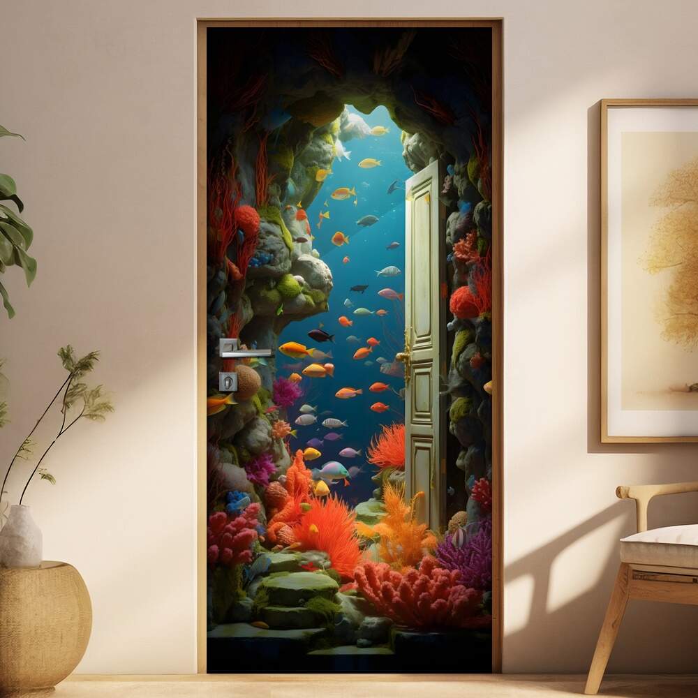 Adesivo de Porta Ilusionismo de uma Porta Secreta se Abrindo Para Mar Repleto de Peixes