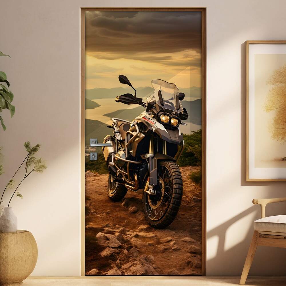 Adesivo de Porta Moto BMW GS Adventure em Topo de Montanha com Horizonte de Fundo