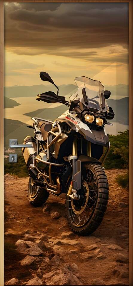 Adesivo de Porta Moto BMW GS Adventure em Topo de Montanha com Horizonte de Fundo