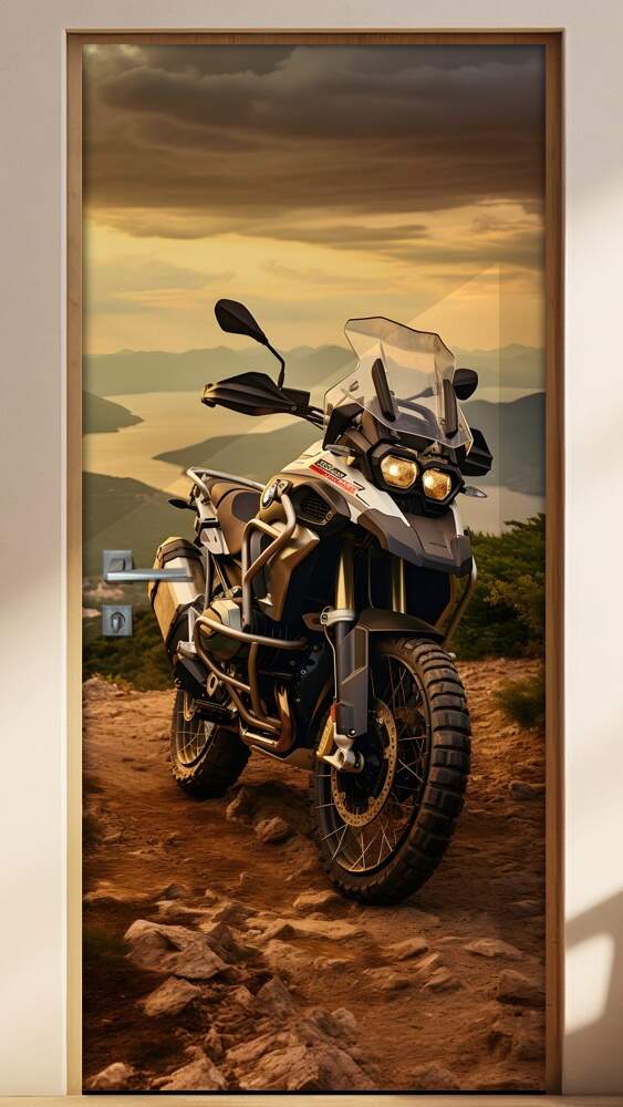 Adesivo de Porta Moto BMW GS Adventure em Topo de Montanha com Horizonte de Fundo