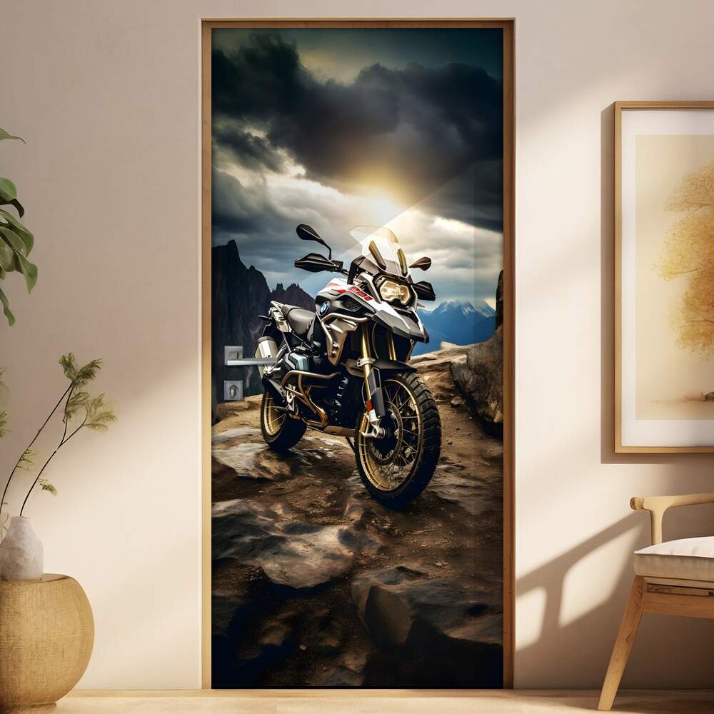 Adesivo de Porta Moto BMW GS Adventure em Topo de Montanha com Horizonte de Fundo e Nuvens
