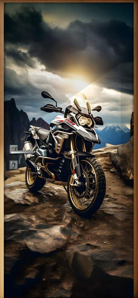 Adesivo de Porta Moto BMW GS Adventure em Topo de Montanha com Horizonte de Fundo e Nuvens