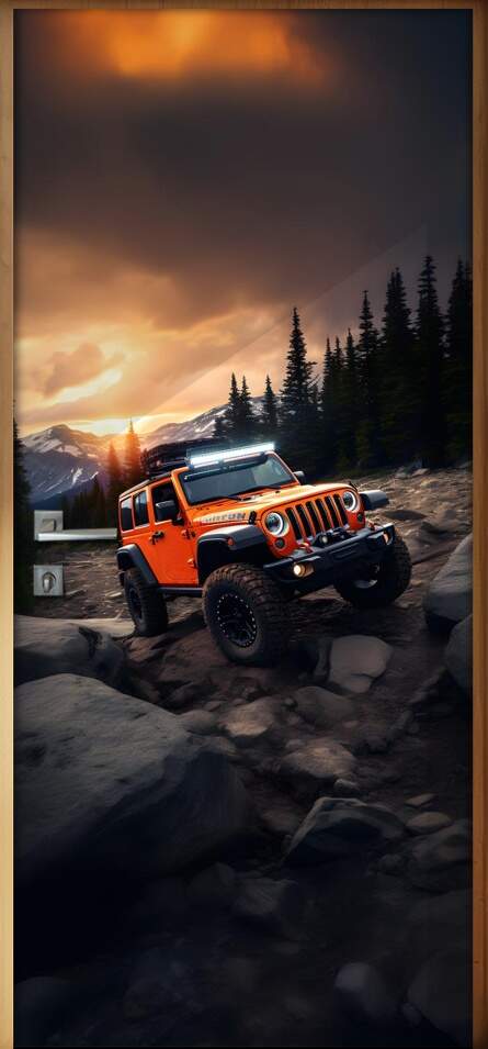 Adesivo de Porta Jeep Wrangler Vermelho em Montanha com Floresta