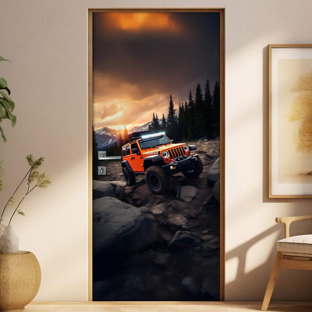 Adesivo de Porta Jeep Wrangler Vermelho em Montanha com Floresta