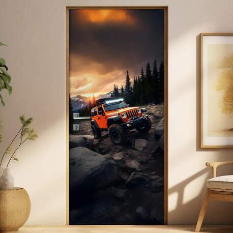 Adesivo de Porta Jeep Wrangler Vermelho em Montanha com Floresta