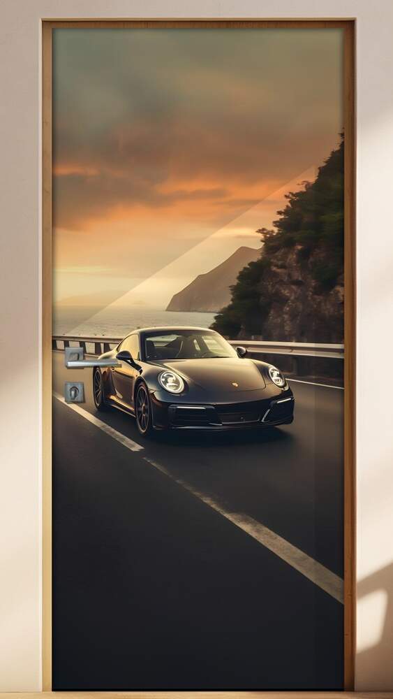 Adesivo de Porta Porshe 911 Preto em Estrada Anoitecendo