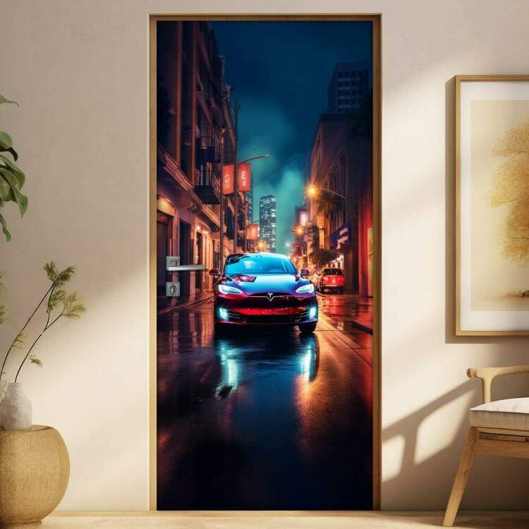 Adesivo de Porta Tesla Modelo S Futurista em Rua Iluminada