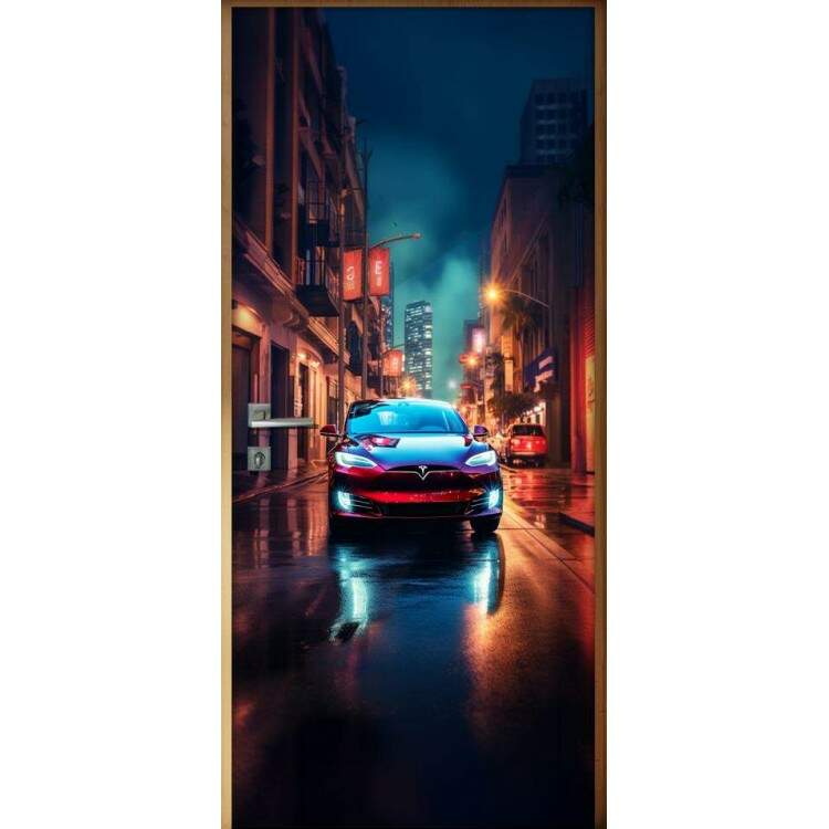 Adesivo de Porta Tesla Modelo S Futurista em Rua Iluminada