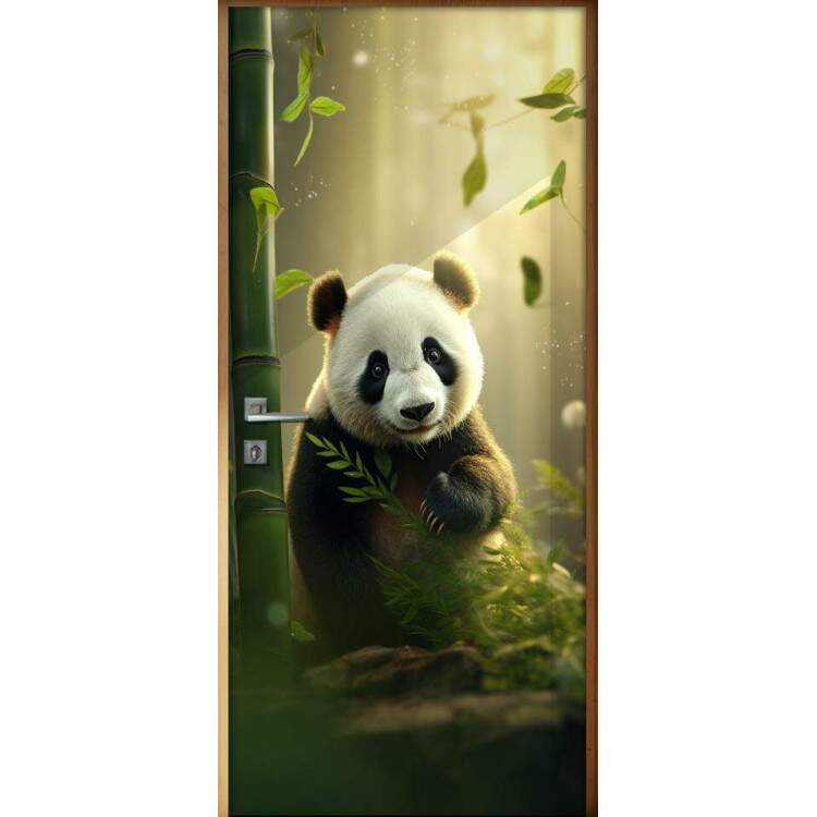 Adesivo de Porta Panda Fofinho em Floresta com Bambu