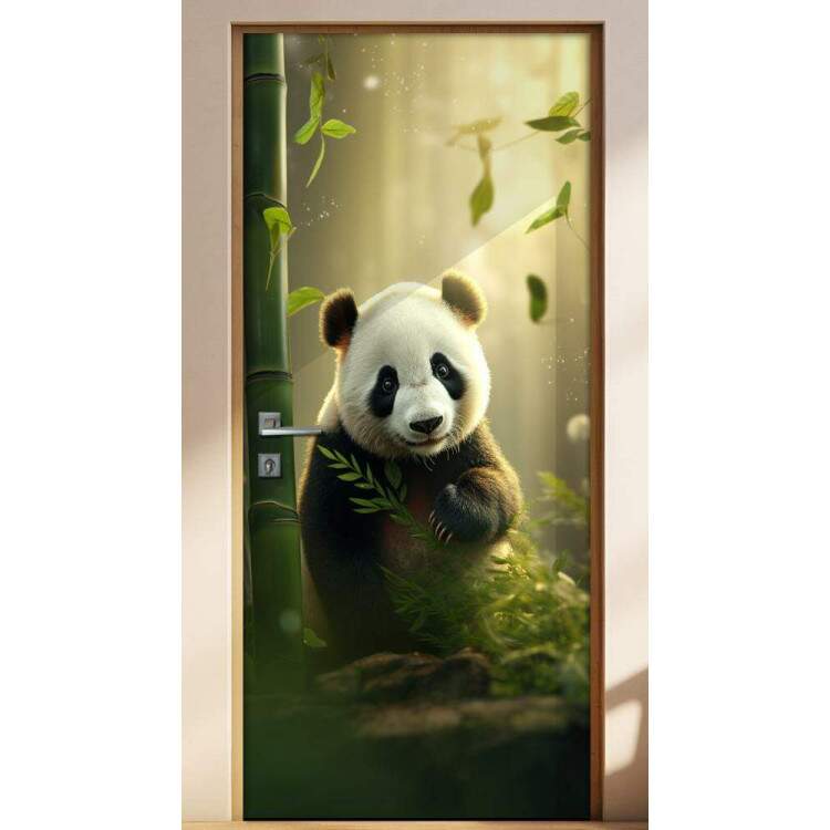 Adesivo de Porta Panda Fofinho em Floresta com Bambu