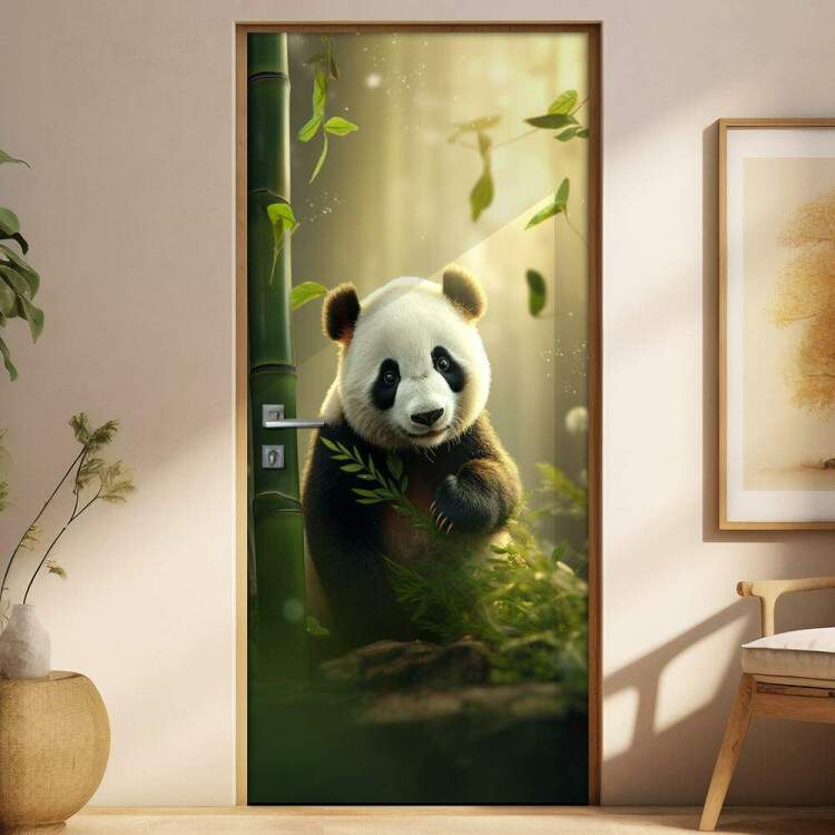 Adesivo de Porta Panda Fofinho em Floresta com Bambu