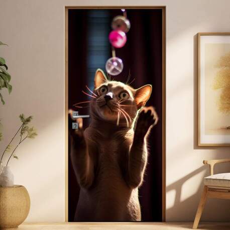 Adesivo de Porta Gato Burmese Brincando com Bolinhas