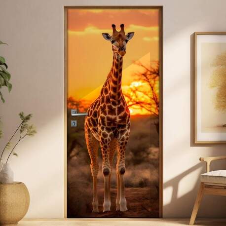 Adesivo de Porta Girafa em Savana Tropical
