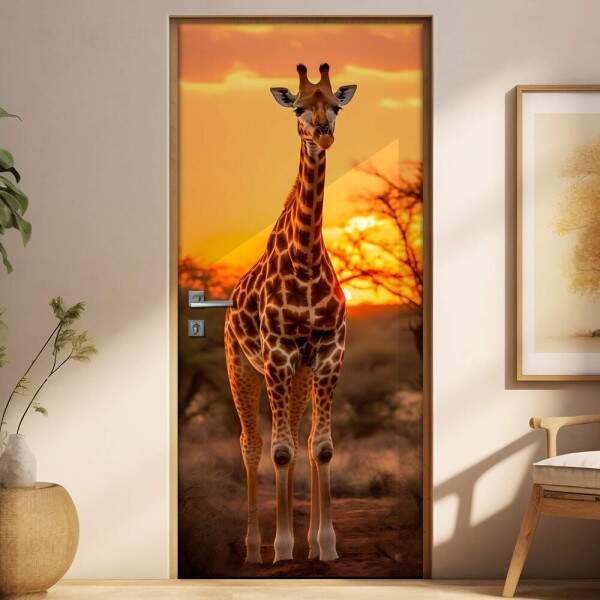 Adesivo de Porta Girafa em Savana Tropical