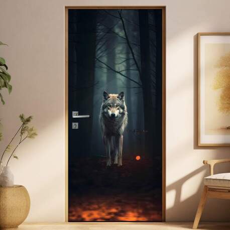Adesivo de Porta Lobo em Floresta com Cena Dramtica e Sombria