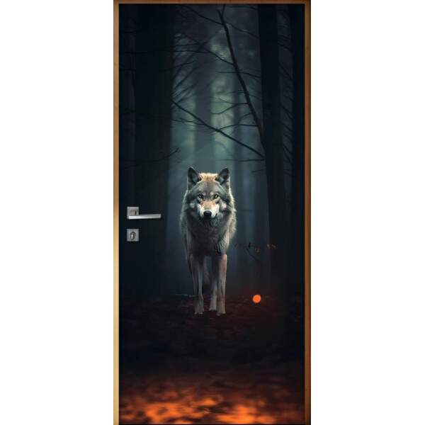 Adesivo de Porta Lobo em Floresta com Cena Dramtica e Sombria