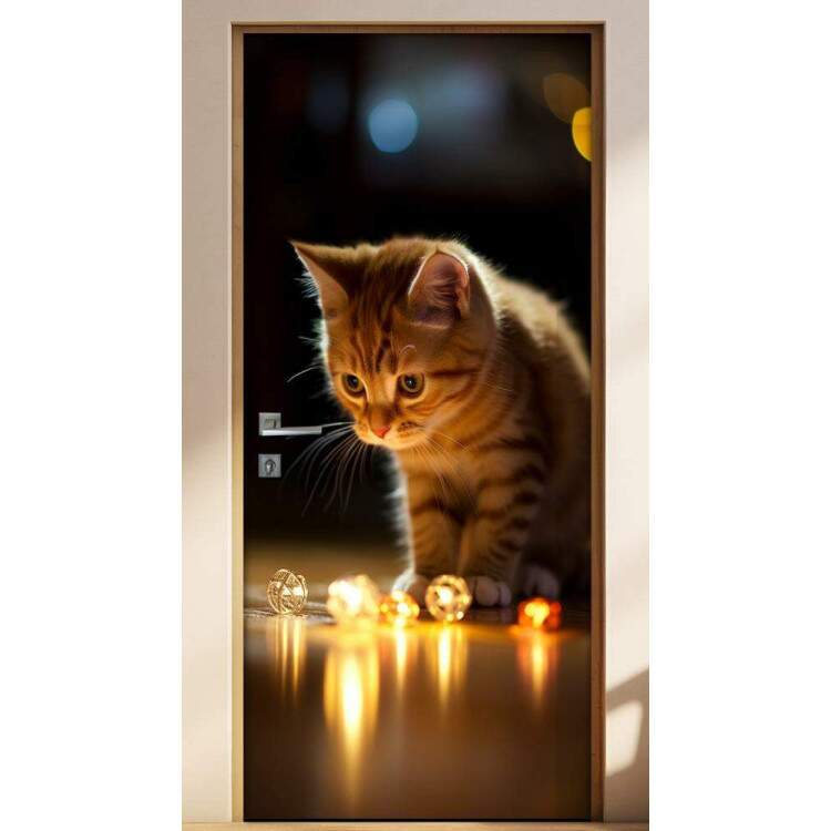 Adesivo de Porta Gatinho Brincando com Luzes