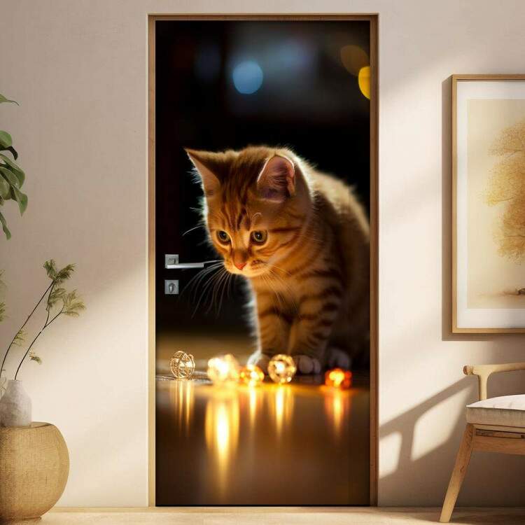 Adesivo de Porta Gatinho Brincando com Luzes