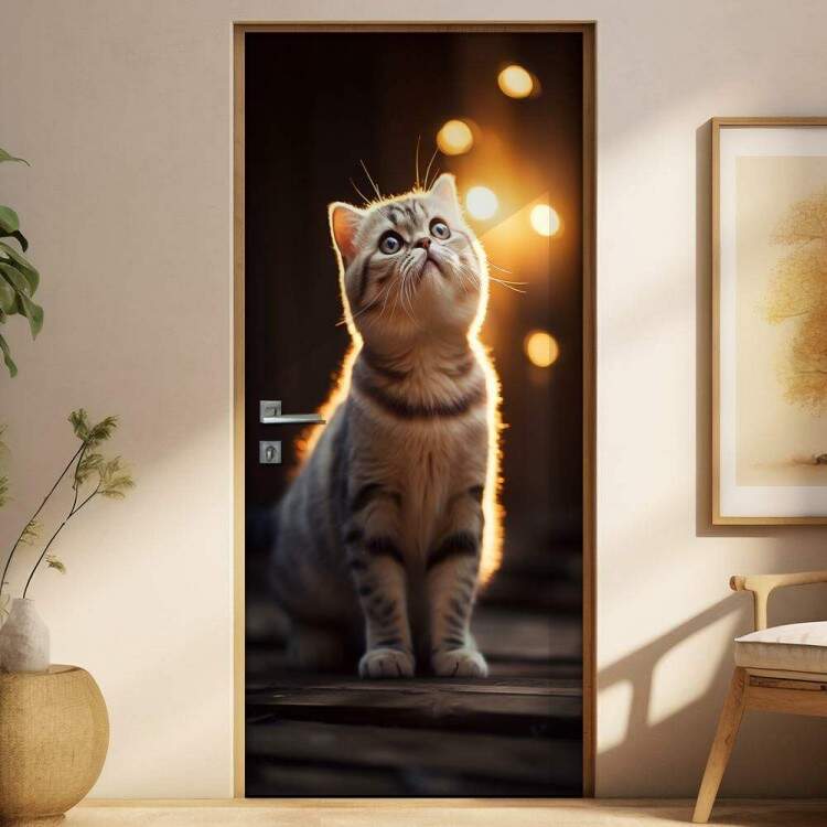 Adesivo de Porta Gatinho com Orelhinhas Observando Luzes