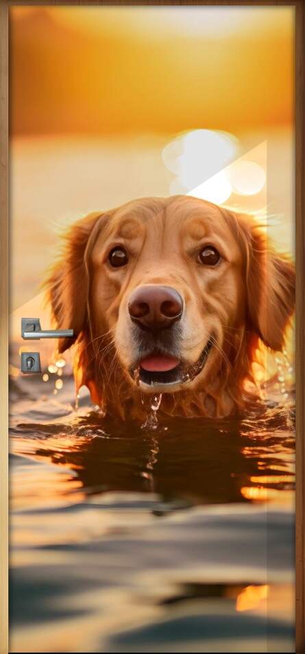 Adesivo de Porta Golden Retriever Nadando em Rio