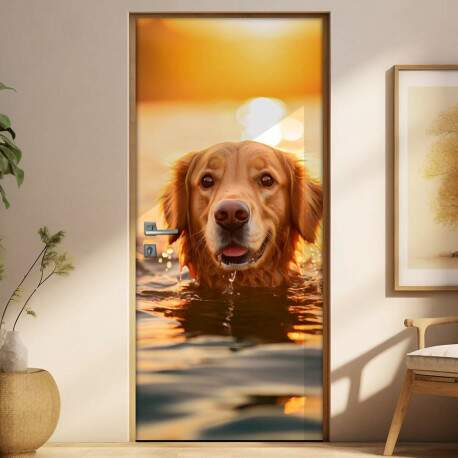 Adesivo de Porta Golden Retriever Nadando em Rio