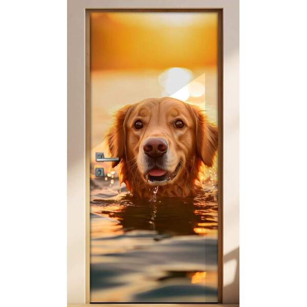 Adesivo de Porta Golden Retriever Nadando em Rio