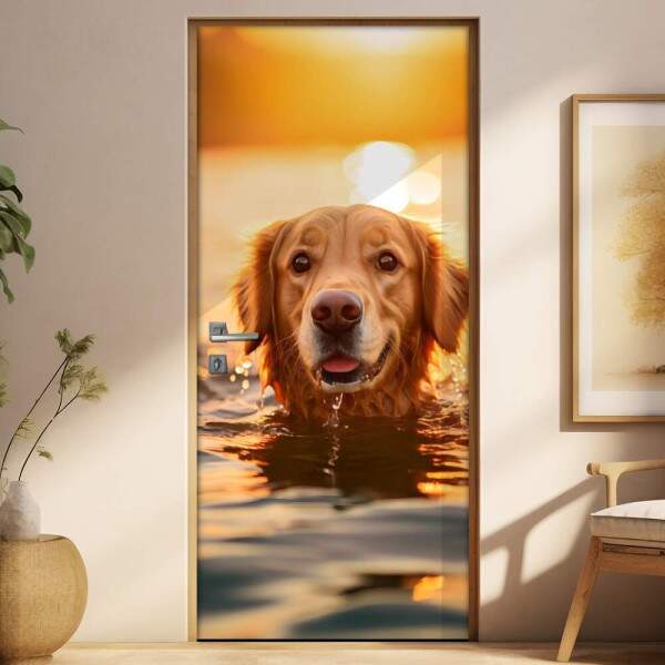 Adesivo de Porta Golden Retriever Nadando em Rio