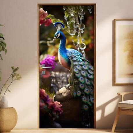 Adesivo de Porta Lindo Pavo em Floresta