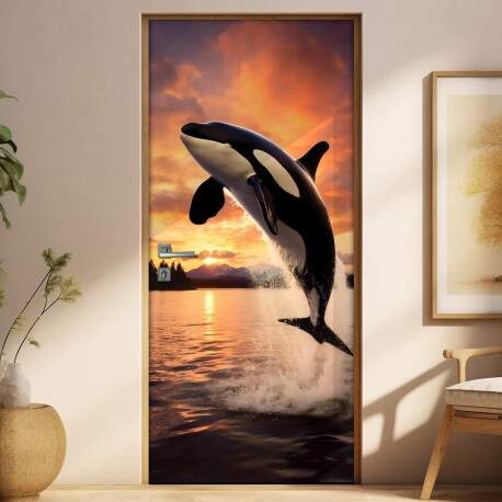 Adesivo de Porta Dana de Orca em Mar com Pr do Sol