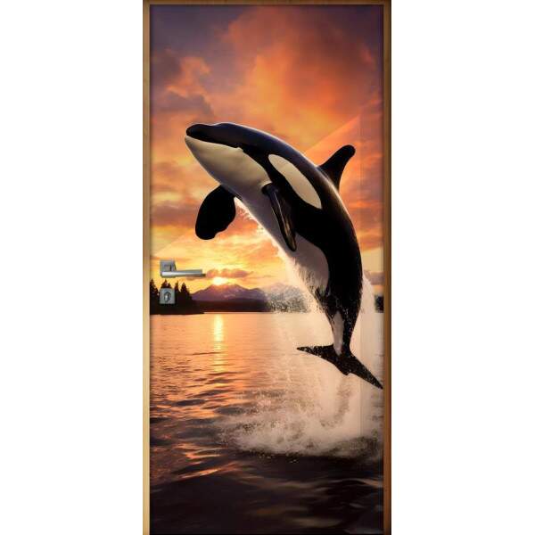 Adesivo de Porta Dana de Orca em Mar com Pr do Sol
