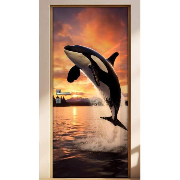 Adesivo de Porta Dana de Orca em Mar com Pr do Sol