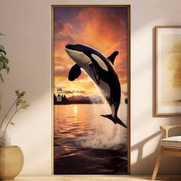 Adesivo de Porta Dana de Orca em Mar com Pr do Sol