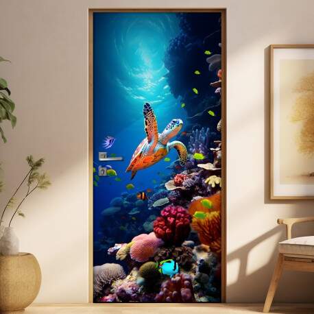 Adesivo de Porta Tartaruga Nadando em Oceano